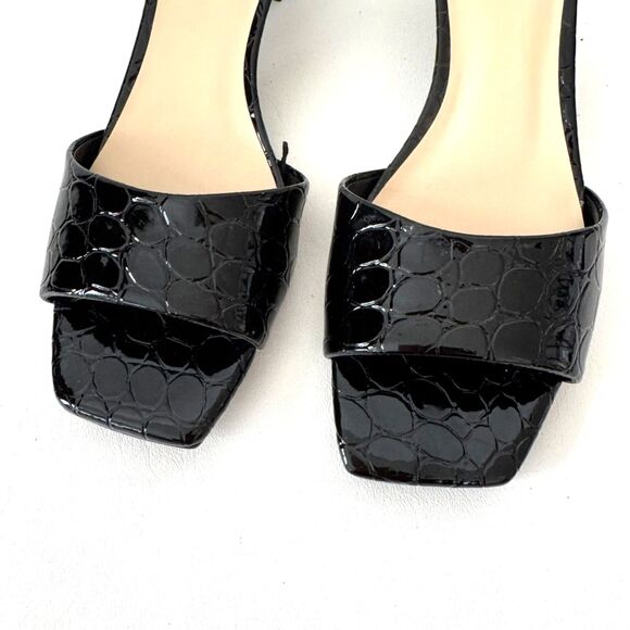 Nine West Black Slides Mules Inya Patent Croc Embossed Size 8 Kitten Heel NEW - Picture 8 of 8
